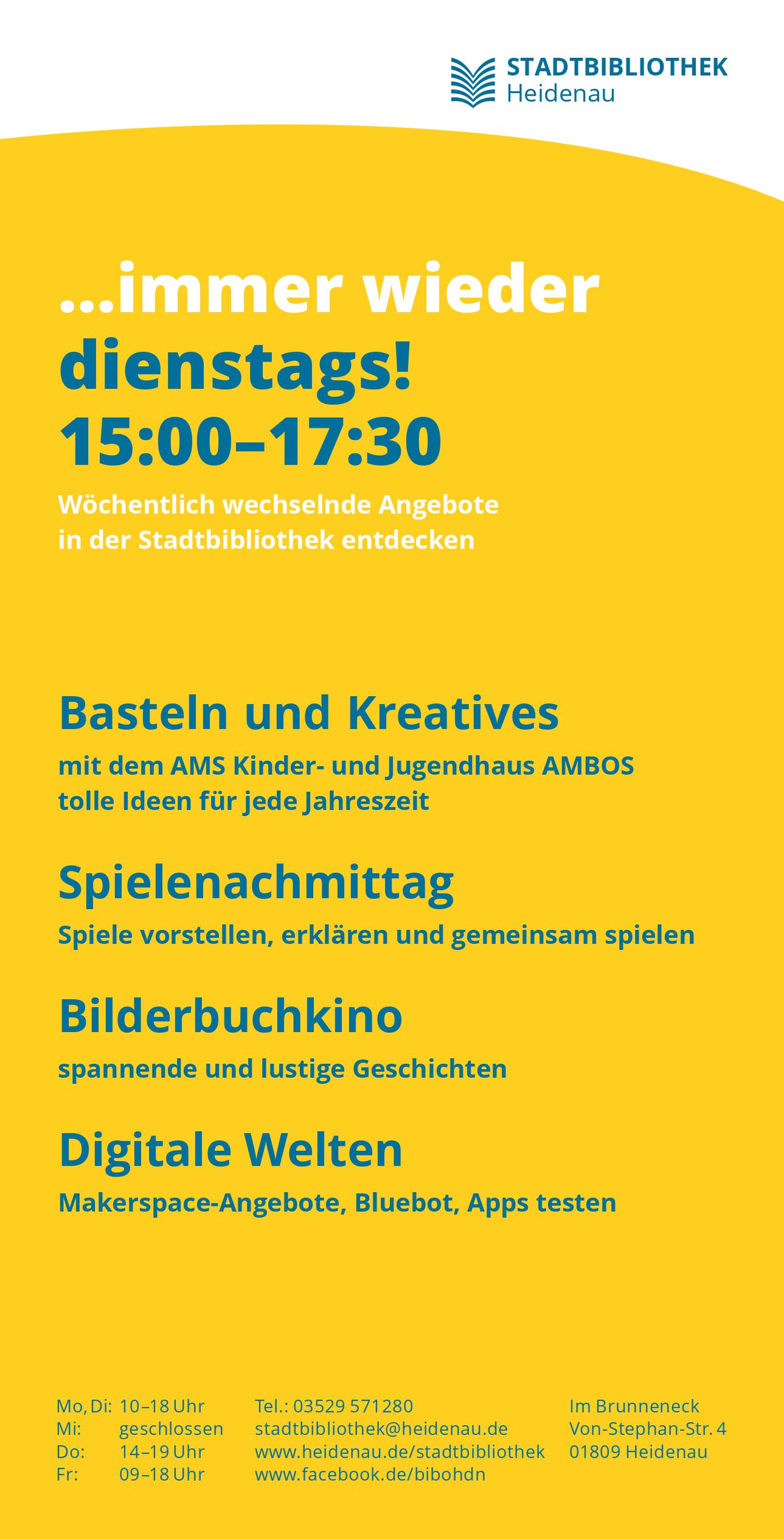 Bild vergrern: Wechselnde Angebote immer wieder dienstags von 15.00 - 17.30 Uhr in der Bibliothek.