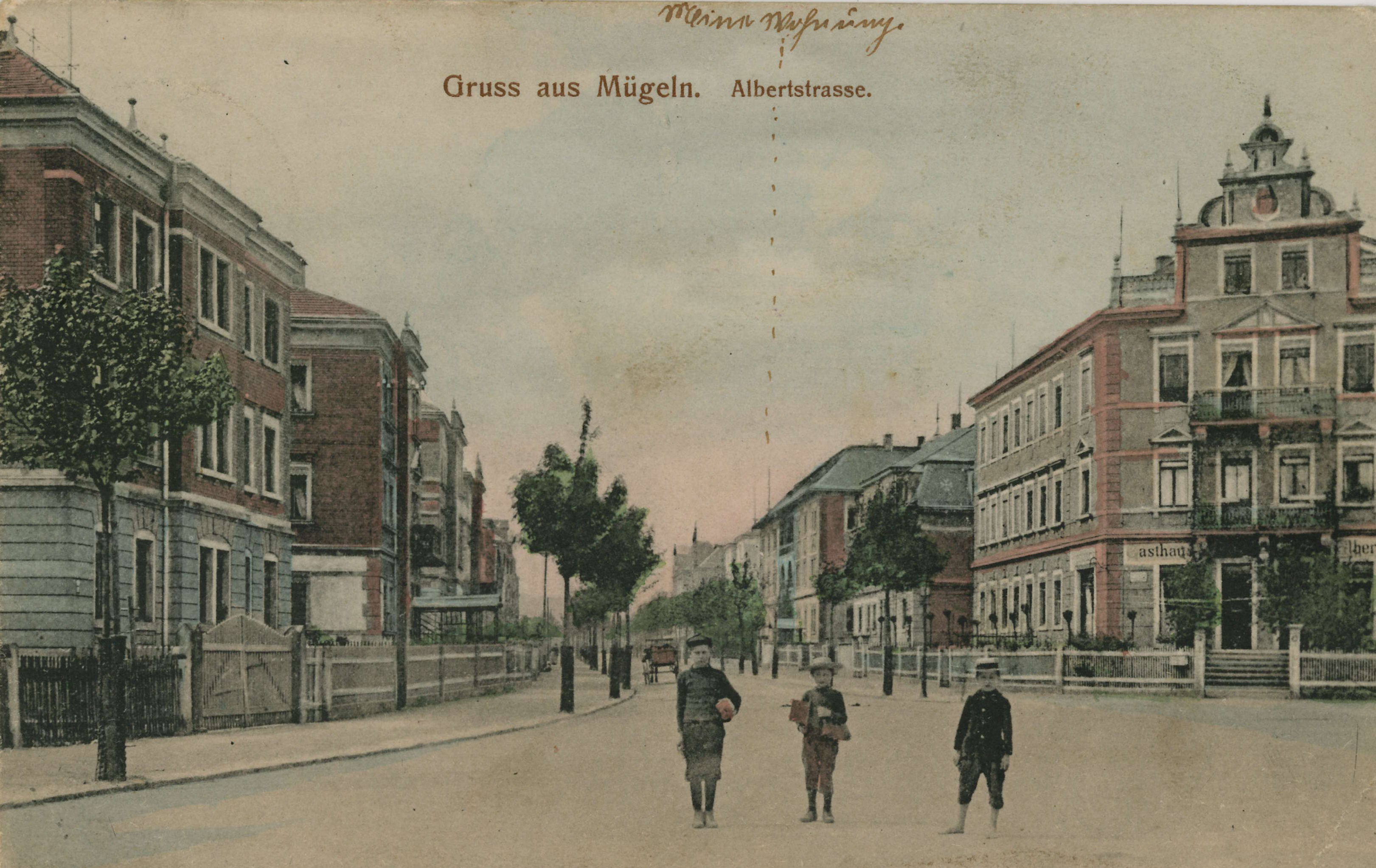 Bild vergrößern: Kolorierte Bildseite einer Ansichtskarte, Motiv: Albertstraße (heute Haeckelstraße) von der Dresdner Straße aus in südwestliche Richtung, ca. 1910/15, Fotograf: unbekannt