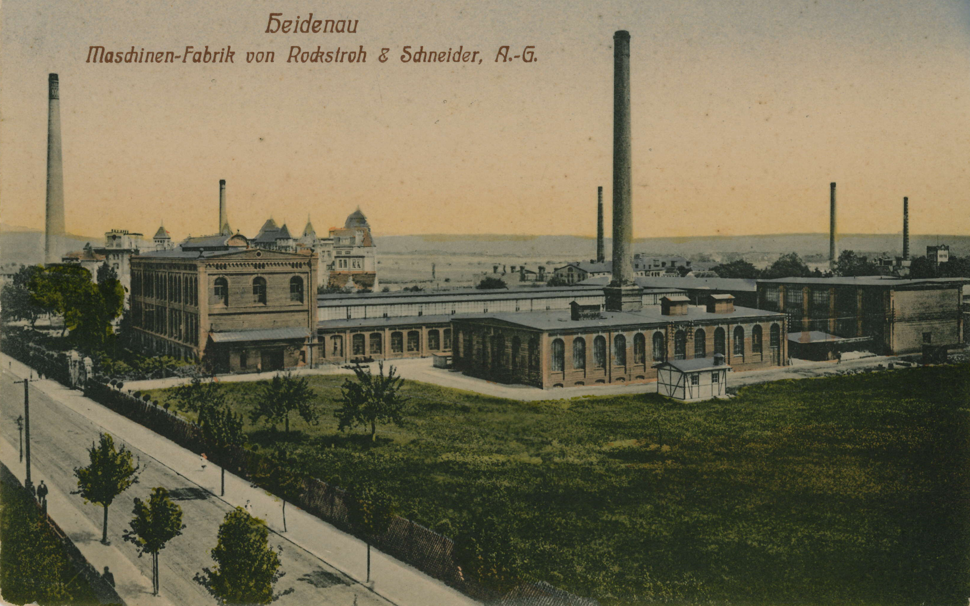 Bild vergrößern: Kolorierte Bildseite einer Ansichtskarte, Motiv: Rockstroh-Werke, um 1915, Fotograf: unbekannt