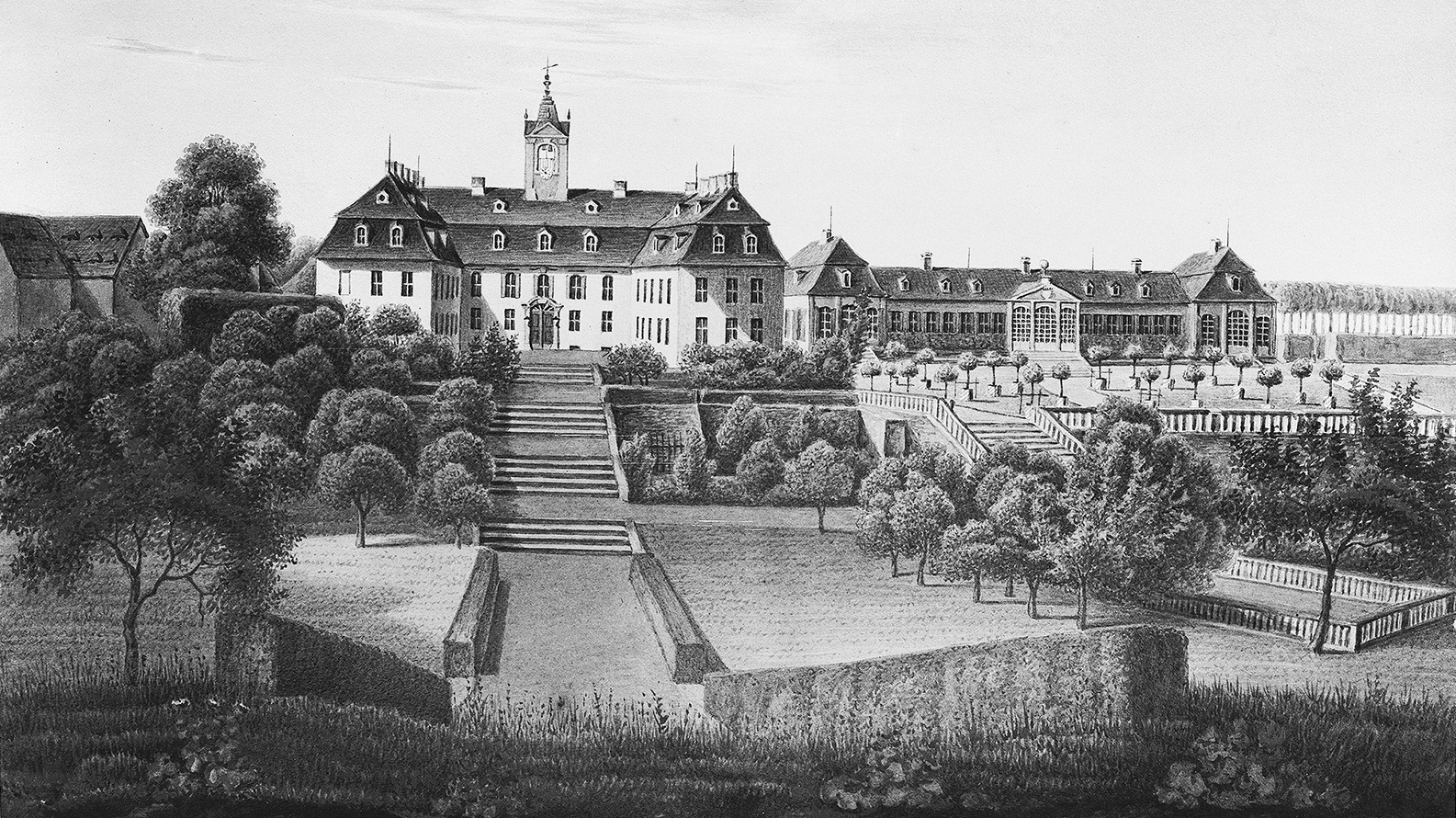 Bild vergrößern: Malerei, Motiv: Barockgarten mit Friedrichsburg und Oberer Orangerie, vermutlich 1. Hälfte 19. Jahrhundert, Künstler: unbekannt (von dieser Arbeit bewahrt die Deutsche Fotothek die hier zu sehende Schwarz-Weiß-Fotografie auf)