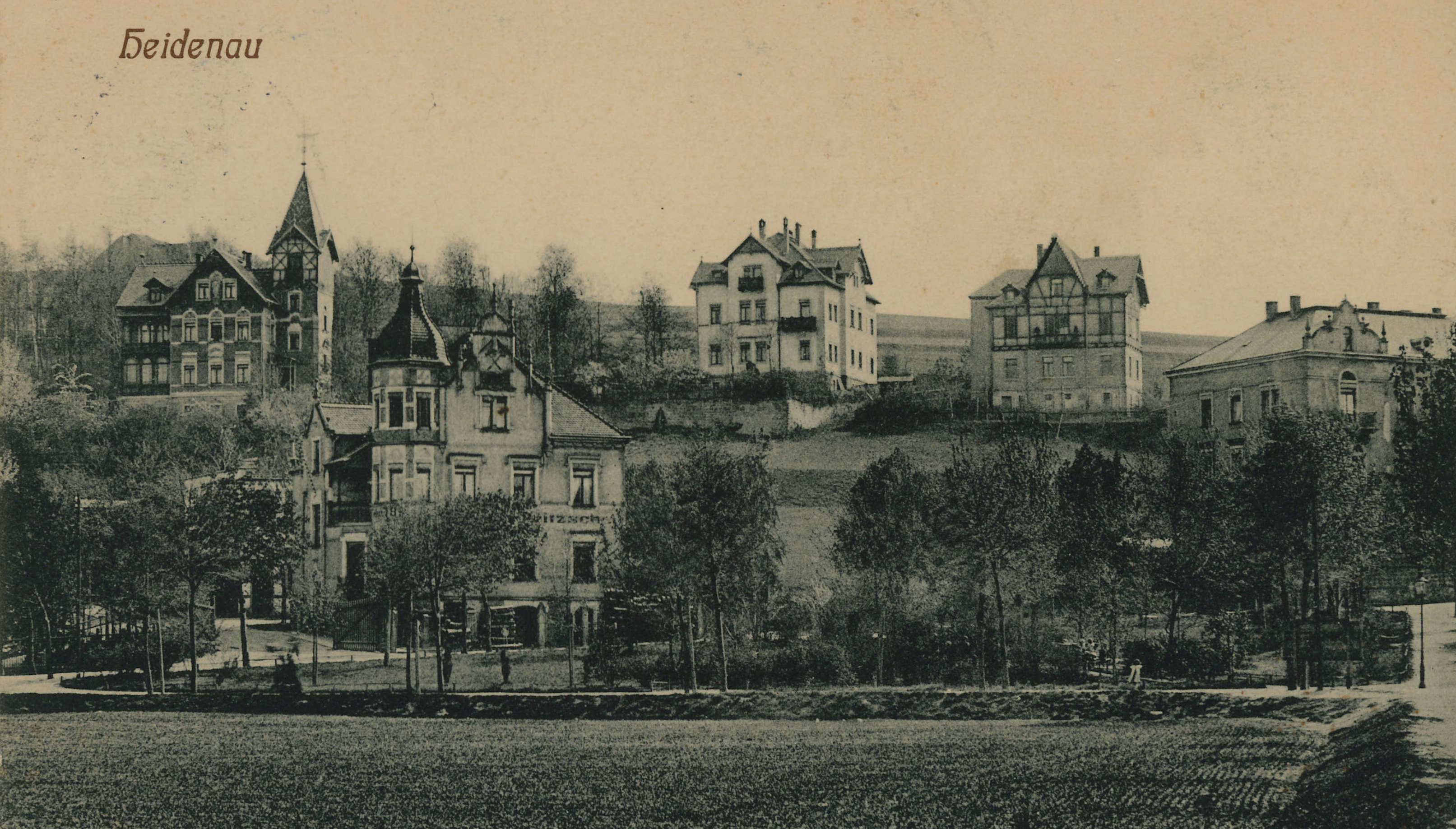 Bild vergrößern: Bildseite einer Ansichtskarte, Motiv: Fritzsche-Villa und Villen an der Sedlitzer Straße, ca. 1905/10, Fotograf: unbekannt