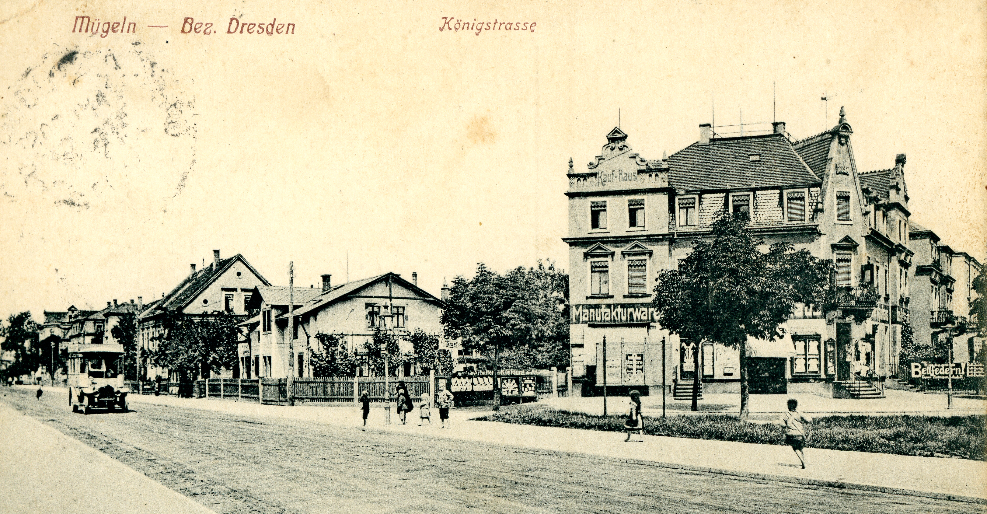 Bild vergrößern: Bildseite einer Ansichtskarte, Motiv: Königstraße (heute August-Bebel-Straße) im Bereich der Teichelstraße (heute Heinrich-Heine-Straße) in nordöstliche Richtung, um 1910, Fotograf: unbekannt