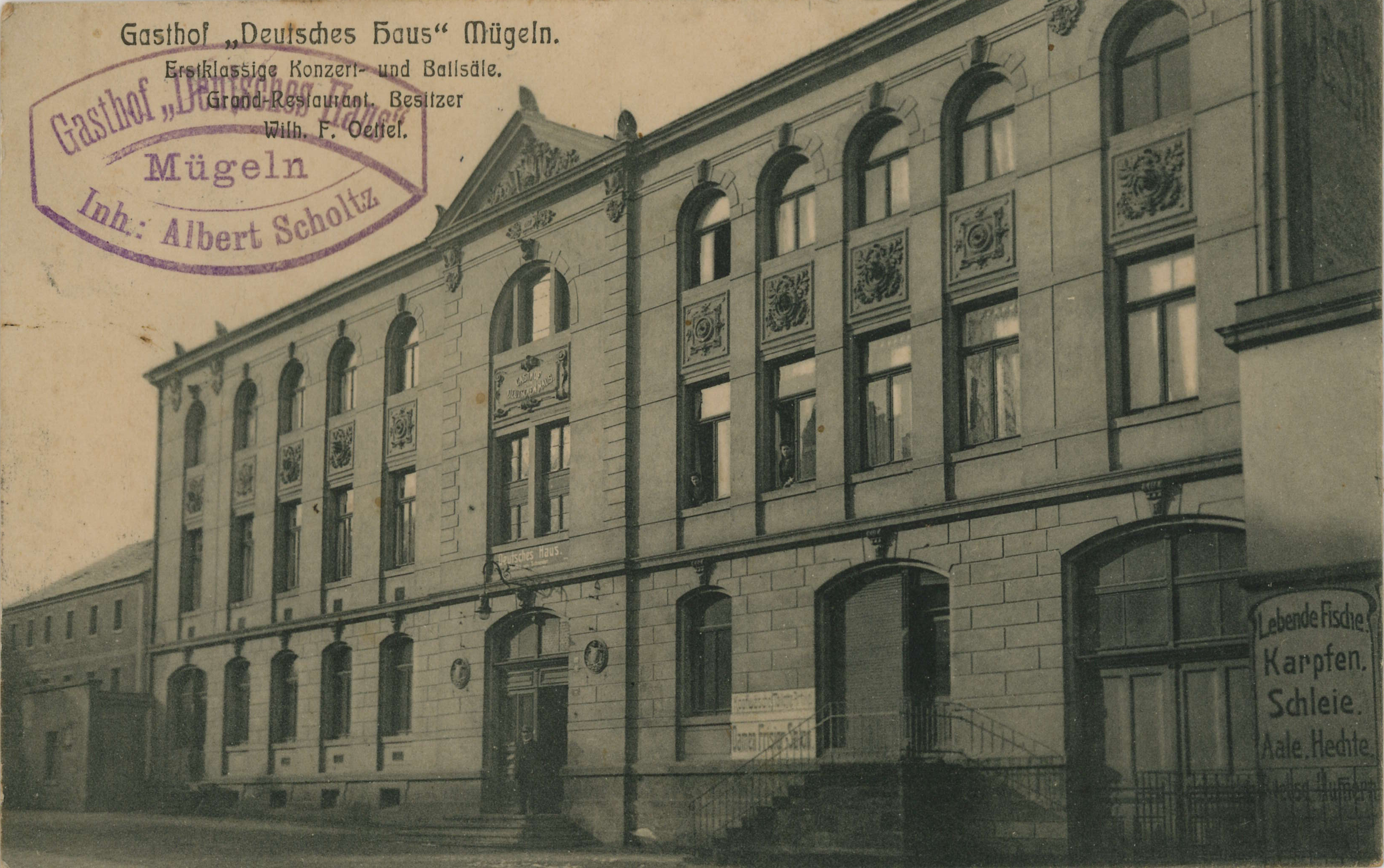 Bild vergrößern: Bildseite einer Ansichtskarte, Motiv: Gasthof »Deutsches Haus«, um 1913, Fotograf: unbekannt
