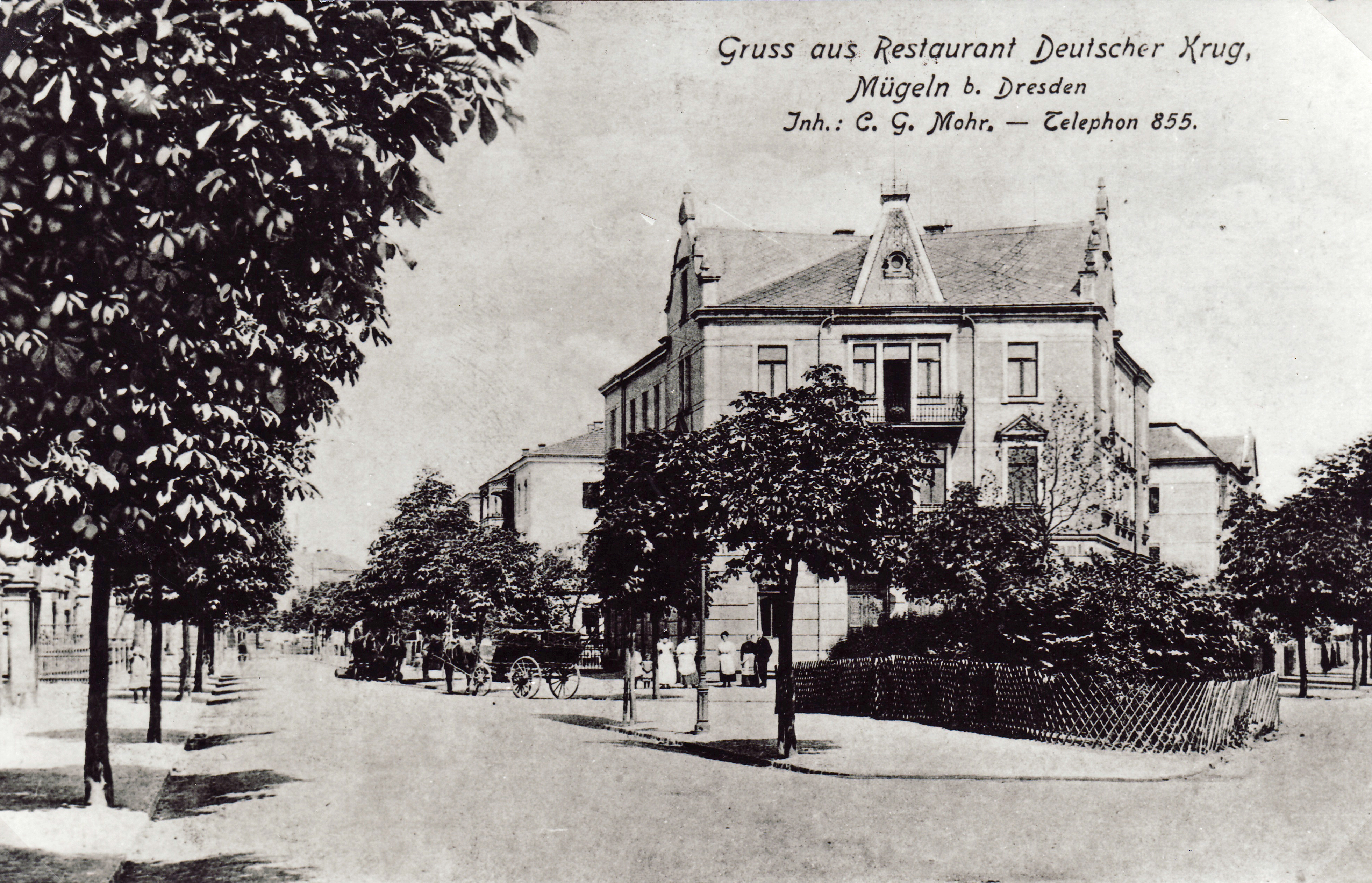 Bild vergrößern: Bildseite einer Ansichtskarte, Motiv: Bismarckstraße (heute Ernst-Thälmann-Straße) im Bereich der Kreuzstraße (heute Einsteinstraße) in nordwestliche Richtung, um 1910, Fotograf: unbekannt