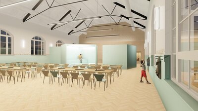 Bild vergrößern: Innenraumvisualisierung Multifunktionsraum (Quelle: BauEntwurf Pirna GmbH | h.e.i.z.Haus Architektur.Stadtplanung Partnerschaft mbB)