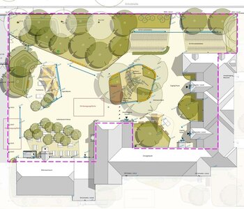 Bild vergrößern: Lageplan zur Pausenhofgestaltung (Quelle: Evergreen.Landschaftsarchitekten)